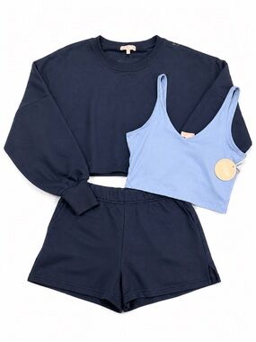 Posie Active 3 Piece Cropped Sweatshirt, Sports Bra, and Shorts Set Blue S NWT